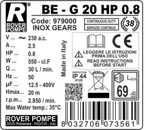 Rover BE-G 20 HP 0.8 fogaskerék szivattyú
